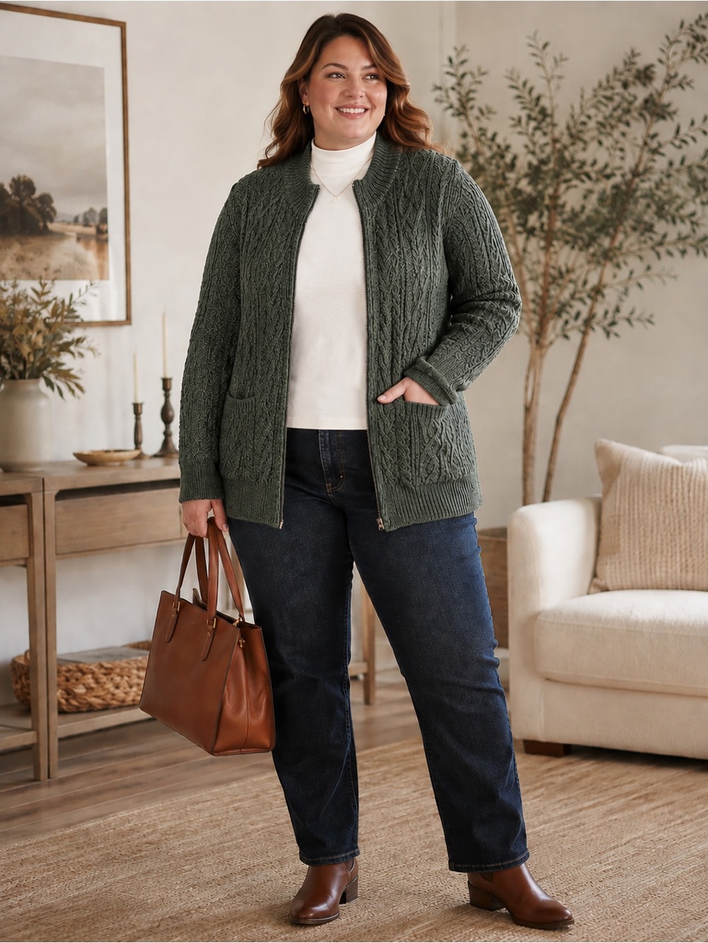 Aran Crafts Cardigan Sweater Women XL Green Merino Wool Irish Cable Knit Zip